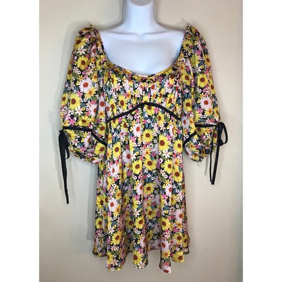 For Love & Lemons Sylvia Sunflower Mini Dress L Floral Print A-Line Satin - Picture 1 of 11